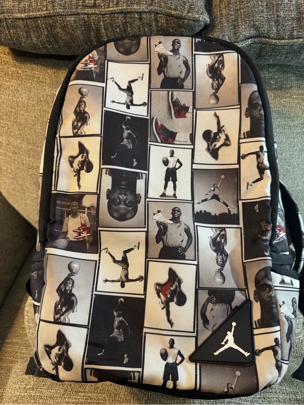 Jordan Black/White Collage Retro Photo Reels Backpack Red Accents